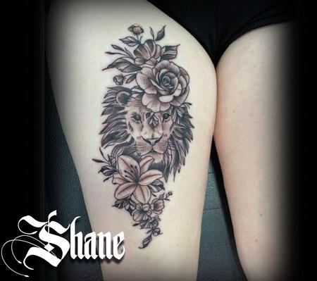 tattoos/ - Lion behind flowers by Shane  - 143438